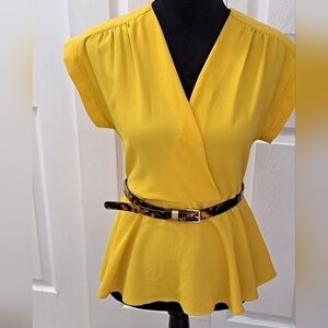Monteau Mustard Faux Wrap Belted Peplum Top    Size L